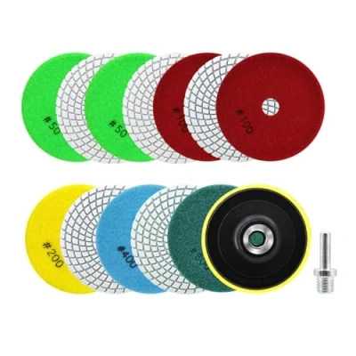 Afbeelding van SANLEETEK Diamantpolijstschijven, 12 stuks, 100 mm, diamantslijpschijven, korrel 50 x 4/100 3/200 2/400 2/800 met M14 steunschijven + adapter voor graniet, marmer, kunststeen, kwarts