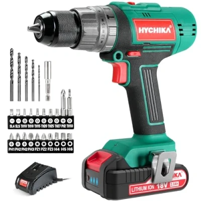 Afbeelding van HYCHIKA accuschroevendraaier 18V, 45 Nm max boormachine met 1 x 2,0 Ah accu&#039;s en 53 delige accessoireset, 21 + 3 niveaus, 2 versnellingen voor boren, schroeven, slagschroeven