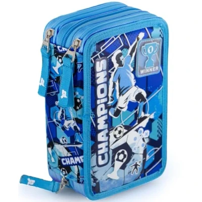 Afbeelding van Julian Ross Drievoudig gevuld etui voor kinderen, 45 accessoires de basisschool, 3 ritssluitingen, georganiseerde vakken, kleurpotloden, viltstiften, lijm, schaar, Champions lichtblauw,