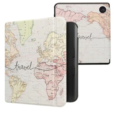 Afbeelding van kwmobile E reader hoesje geschikt voor Kobo Libra Colour hoes flip case met magnetische sluiting Ereader cover Travel Wereldkaart design in zwart / meerkleurig