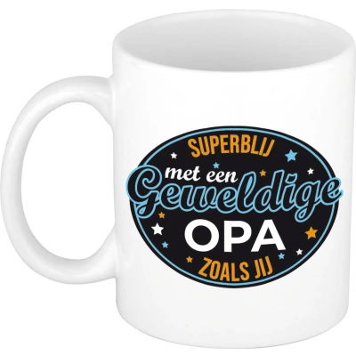 Afbeelding van Superblij met opa cadeau mok / beker wit kado verjaardag feest mokken