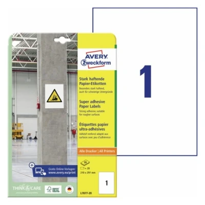 Afbeelding van Avery Zweckform L7877 20 ( 210 x 297 mm, Wit, stuk(s), Permanent hechtend, Sterk hechtend