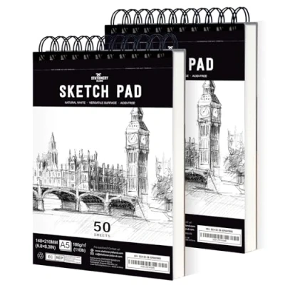 Afbeelding van STATIONERY ISLAND Schetsblok, A5 schetsboek, 180 g/m² dik papier, 100 pagina&#039;s/50 vellen, spiraalgebonden 2 stuks