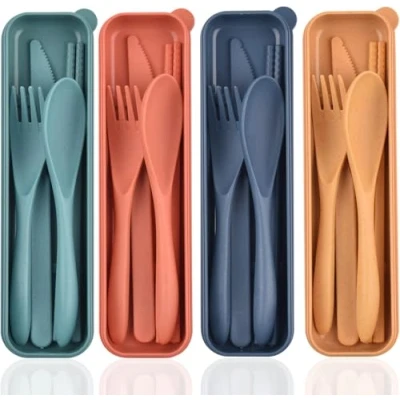 Afbeelding van Reisbestekset met koffer, draagbare plastic bestekset, herbruikbare mes, vork, lepel, eetstokjes, campingkeukengerei set (4 sets)