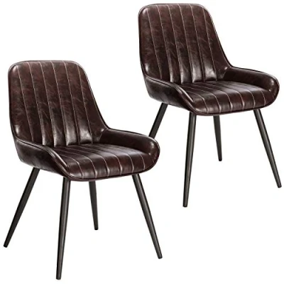 Afbeelding van Lestarain Eetkamerstoelen, set van 2, gestoffeerd, zitting PU, retrostoel met metalen poten, bezoekersstoel, stoel voor eetkamer, woonkamer, keuken, donkerbruin