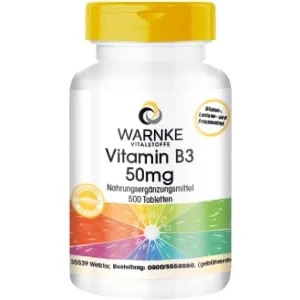 Afbeelding van Vitamine B3 nicotinamide 50mg niacine veganistisch 500 tabletten bulkverpakking Warnke Vitalstoffe Duitse apothekerskwalitei