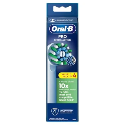 Afbeelding van Oral B Pro Cross Action elektrische tandenborstelkop, X vorm en schuine borstelharen voor diepere tandplak verwijdering, 4 stuks tandenborstelkoppen, wit