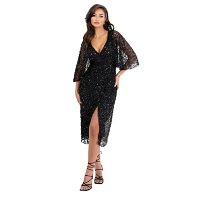 Afbeelding van Maya Deluxe Midi jurk voor dames, pailletten, versierd met cape mouwen, wikkeljurk bruiloft, gast, bruidsmeisje, cocktail, balavond, Zwart, 40