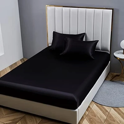 Afbeelding van Damier Satijnen hoeslaken, 140 x 200 cm, zwart met zijdeglans, luxe effen geschikt voor matrassen tot 30 cm hoog