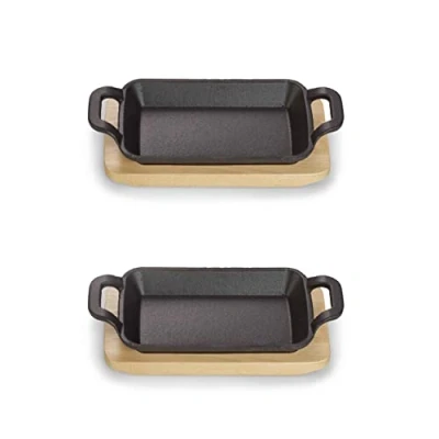Afbeelding van ECHTWERK Serveerschalenset van gietijzer, mini ovenschaal met serveerplank, kleine grillpan, al ingebrand, geschikt voor oven, grill en BBQ, ideaal om te serveren, 2 delig