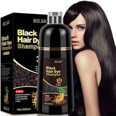 Afbeelding van Haarkleur Shampoo 3 in 1 voor Mannen en Vrouwen, Haarverf tegen Grijs Haar, Natuurlijke Haarkleurshampoo met Langdurig Effect, Haarkleuring Minuten, 500 ml (zwart)