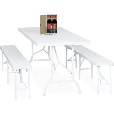 Afbeelding van Relaxdays biertafel set bierbank inklapbaar klaptafel kunststof 3 delige wit