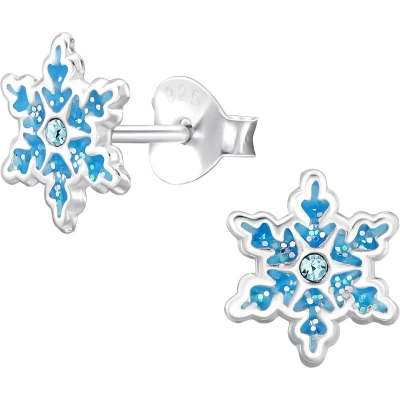 Afbeelding van JoyS Zilveren sneeuwvlokje oorbellen 7.3 x 8.3 mm blauw met glittertjes en kristal winter oorknopjes kerst kinderoorbellen sterling zilver 925