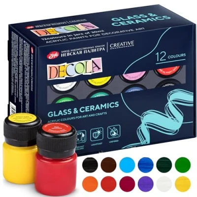 Afbeelding van 12 Decola Porselein Verf Set 12x20ml Permanente Voor Glas En Keramiek Hoge Dekking Op Donkere Oppervlakken Gemaakt Door Neva Palette