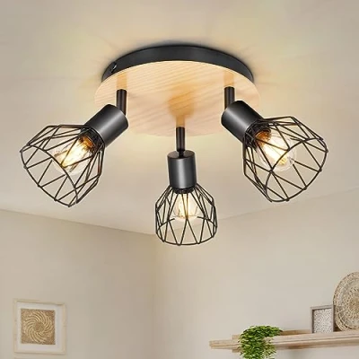 Afbeelding van Kimjo Led plafondspot 3 vlammen rond hout draaibaar, plafondlamp spot E14 zwart, wandlamp keukenlamp woonkamer slaapkamer geen lampen