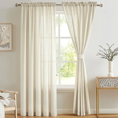 Afbeelding van Melodieux 2 panelen faux linnen voile net gordijnen semi pure staaf zak voor slaapkamer, woonkamer, raam beige, 140 x 183 cm druppel (140 cm)