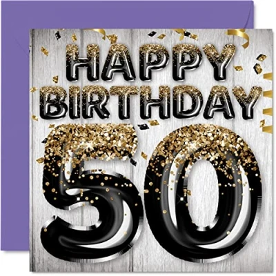 Afbeelding van 50e verjaardagskaart voor mannen zwarte en gouden glitterballonnen gelukkige verjaardagskaarten 50 jarige man, vader, opa, oma, oom, 145 mm x mm, vijftig vijftigste verjaardag