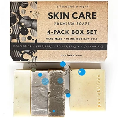 Afbeelding van Vegan Soap 4 Pack Zwarte thee Peeling, Black Coffee Scrub, Dode Zee Modder Zout, Mud &amp; Mineral 100% RAW Oil Herbal Zeep All Natural For Men and Women Eco vriendelijk door Poola Bloom
