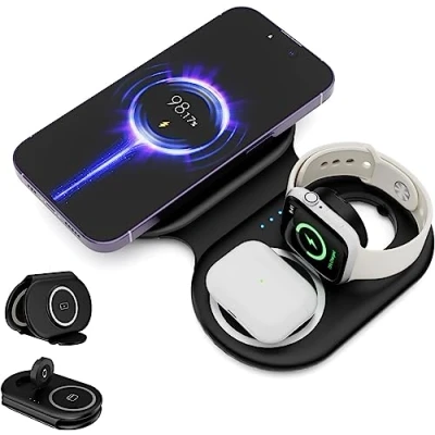 Afbeelding van Tiergrade 3 in 1 draadloze oplader voor Apple apparaten, magnetisch opvouwbaar laadstation, reisoplader iPhone 14/13/12 serie, AirPods 3/2/Pro/Pro2, iWatch (adapter meegeleverd) zwart