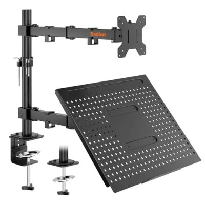 Afbeelding van Monitorarm met laptopvak, dual screens, volledig instelbaar voor 13 tot 32 inch lcd led scherm 8 kg en notebook 16 inch, kantelen, draaien draaien, 2 bevestigingsmogelijkheden