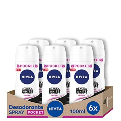 Afbeelding van NIVEA Black &amp; White Invisible Original Spray Pocket in verpakking van 6 stuks (6 x 100 ml), deodorant voor dames met 48 uur bescherming, anti transpirant vrouwenverzorging
