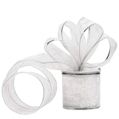 Afbeelding van Belle Vous zilver organza kerstlint 10 m x 63 mm breed bedraad glinsterende sneeuwvlok kerstboomlint voor kerstboomdecoraties lint geschenkverpakking, knutselen, feestdecoratie