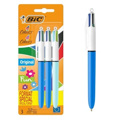 Afbeelding van BIC 4 kleuren originele en Fun balpen, intrekbaar, middelste punt (1,0 mm) blisterverpakking 3 stuks