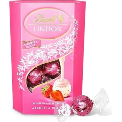 Afbeelding van Lindt LINDOR Aardbei &amp; Room witte chocolade bonbons 200 gram 16 zacht smeltende