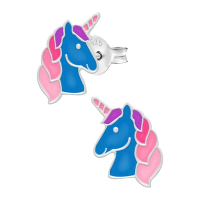 Afbeelding van oorbellen meisjes zilver Eenhoorn Zilveren oorstekers, blauw eenhoornhoofd met roze manen