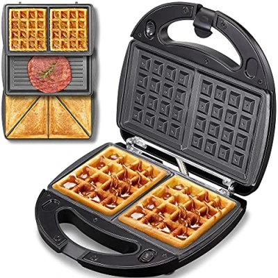 Afbeelding van Yabano Sandwichmaker 3 in 1 (wafelijzer, sandwichtbroodrooster, contactgrill), afneembare platen, anti aanbaklaag, led indicatielampjes en Cool Touch handgreep, 800 W