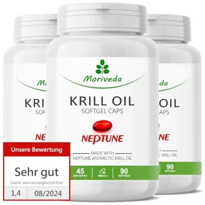 Afbeelding van krill olie capsules 1000 mg Neptune in 135 dagen voorraad hart immuunsysteem geheugen omega 3 6 9 EPA DHA antioxidanten vitamine E choline fosfolipiden 3x 90 softgels door MoriVeda