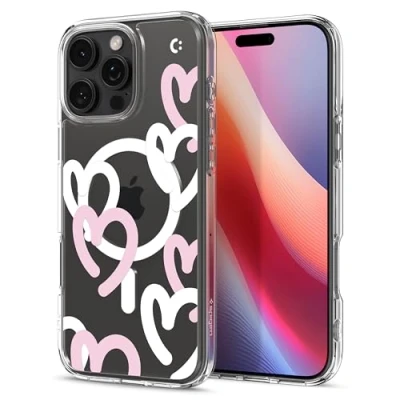Afbeelding van Spigen Ultra Hybrid MagFit Case voor iPhone 16 Pro Max, Compatibel met MagSafe accessories hoesje Hearts White Pink