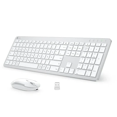 Afbeelding van iClever toetsenbord Muiset draadloos stil oplaadbaar met stoffolie, QWERTZ Duitse lay out voor Windows, Mac OS en Chrome systemen, wit zilver