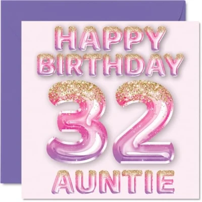 Afbeelding van 32e verjaardagskaart voor tante roze en paarse glitterballonnen gelukkige verjaardagskaarten 32 jarige van neef nichtje, 145 mm x cadeau