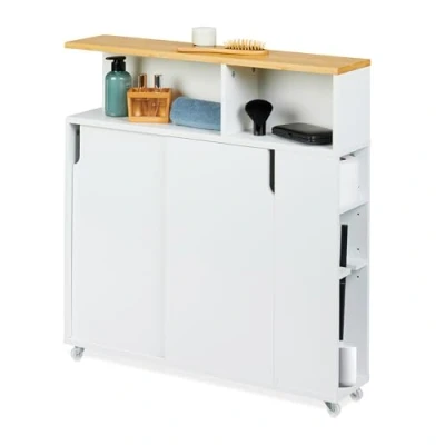 Afbeelding van Relaxdays badkamerkast smal 6 vakken wieltjes ruimte voor wc borstel 17 cm breed wit