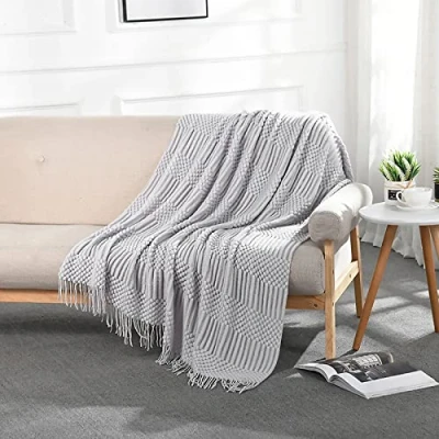 Afbeelding van LumiSyne Gebreide deken met kwastje effen kleur bubbelpatroon gezellige zachte plaids sprei bankhoes decoratieve voor slaapbank bank 230 x 130 cm