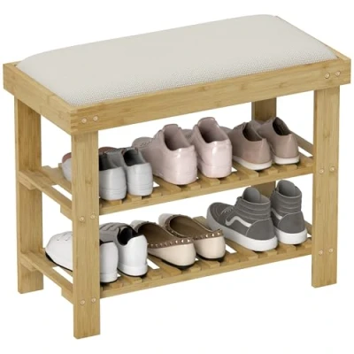 Afbeelding van HOMCOM Schuhbank mit Sitzfläche, Bambus Sitzbank Stauraum, Schuhregal 2 offene Fächer, Sitzbank, Bank, Garderobenbank für Wohnzimmer, Flur, 60 x 29 49 cm Cremeweiß
