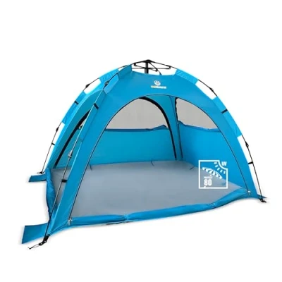 Afbeelding van outdoorer SunSnapper Air Quick up strandschelptent, blauw, automatische snelopbouw strandschelptent met uv bescherming 80, strandtent optimale ventilatie en tegen insecten