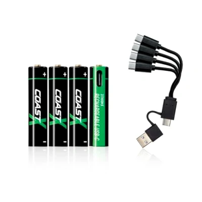 Afbeelding van Coast ZITHION X AAA USB C batterijen, lithium ion 1,5 V 750 mAh, duurzaam, laadt in 1,3 uur, oplaadkabel, 4 stuks