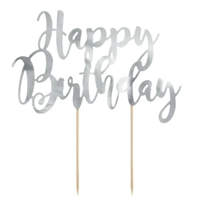 Afbeelding van Partydeco Cake Topper Happy Birthday zilver