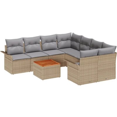 Afbeelding van vidaXL 9 delige Tuin Sofa Set met Kussens Beige Poly Riet Acacia, 2 zits Opbergruimte &amp;