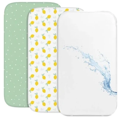 Afbeelding van Sweety Fox Cododo hoeslaken (set van 2) 1 waterdichte matrasbeschermer met elastiek 3 in maat 50x83 cm compatibel wiegjes, Bebe matrasbed voor meisjes en jongens citroenpatroon