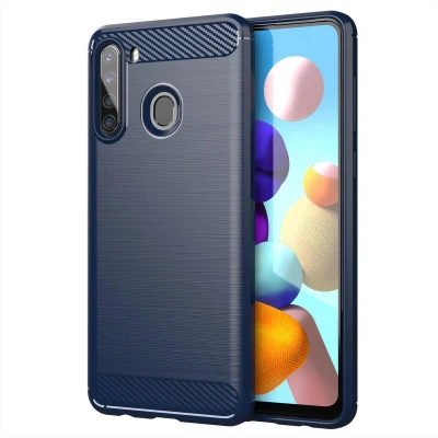 Afbeelding van Cadorabo Hoesje geschikt voor Samsung Galaxy A21 in BRUSHED BLAUW Beschermhoes van flexibel TPU siliconen roestvrij staal carbonvezel look Case Cover
