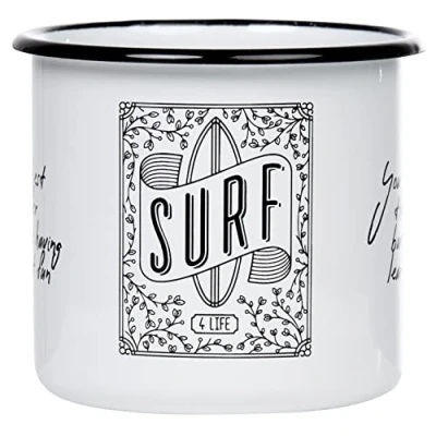 Afbeelding van MUGSY Surf geëmailleerde mok met surfdesign en spreuk, emaille beker, 330 ml, outdoor uitrusting, onbreekbaar licht