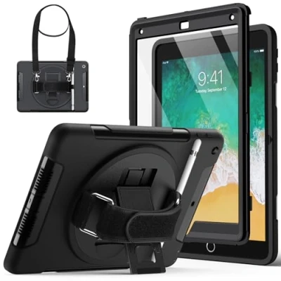 Afbeelding van JETech Case voor iPad 9,7 Inch (6e/5e Generatie, Model 2018/2017) met Screen Protector, Schokbestendig Robuuste Cover Hoes Schermbeschermer, 360 Roterende Handriemstandaard (Zwart)