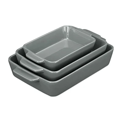 Afbeelding van Relaxdays ovenschaal set van 3, als gratinschaal, braadslede of tiramisuschaal, vaatwasserbestendig, keramiek, grijs