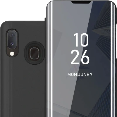 Afbeelding van Cadorabo Hoesje geschikt voor Samsung Galaxy A10e / A20e in TOERMALIJN ZWART Clear View Spiegel Beschermende Case met Tribunefunctie 360 Graden Bescherming Book Cover Etui