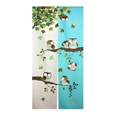Afbeelding van LIGICKY Japanse Noren Lang Gordijn Deur Wandtapijt Vliegen Insectengordijn Ruimteverdeler Groen 84 x 150 cm (Uil op Boom)