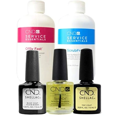 Afbeelding van CND Shellac Treatments Kit Top&amp;Base 7,3 ml, Zonneolie 15 Scrubfresh 7,5 oz &amp; Offly Fast