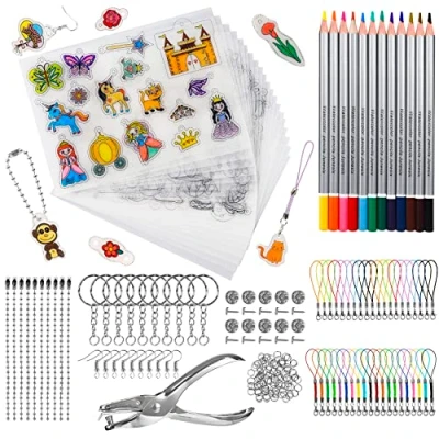 Afbeelding van 213 Stuks Warmtekrimpplastic vel Kit, Krimpfolie A4 krimppapier 12 Blanco + 8 met Patroon, Potloden, Perforator, Sleutelhangers Accessoires voor Doe het zelf Creatief Handwerk